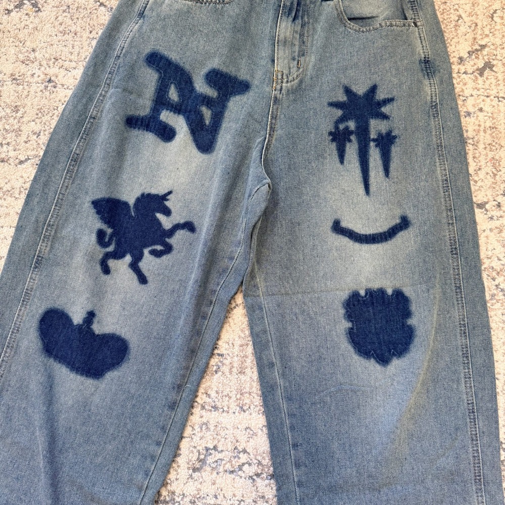 Aland Nice Ghost Club Big Wide Washed Emblem Jeans‎ Blue Baggy Wide Leg Small - Picture 3 of 6